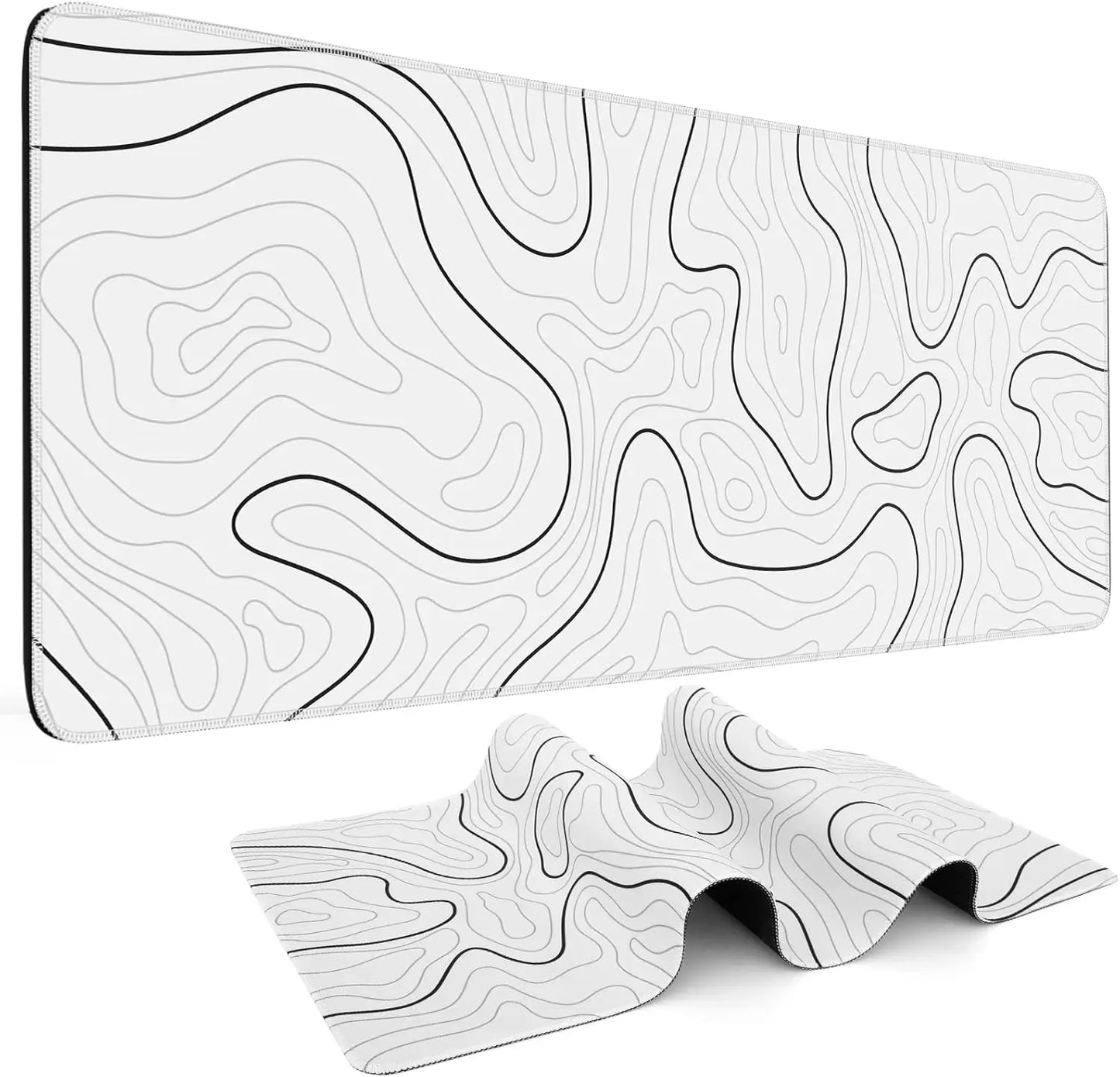 Abstract Topographic Map White Black Gaming Mouse Pad Large Desk Mat with Non-Slip Base Stitched Edge Keyboard Mat for Gaming