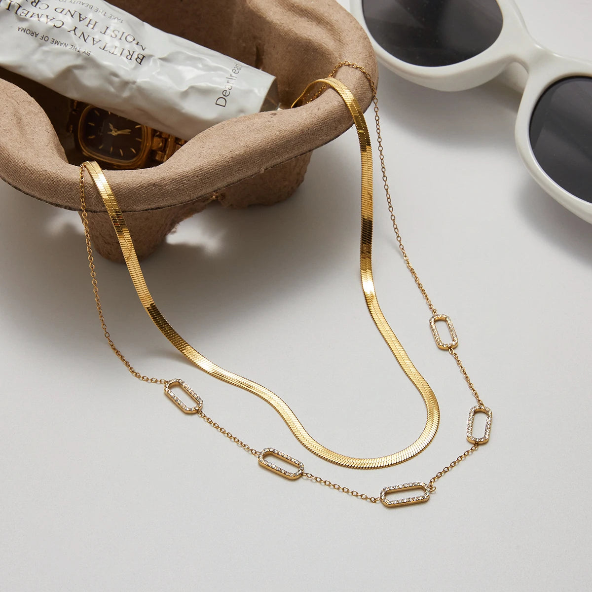 Uworld Simple Classic Rhinestone Geometric Pendant Necklace 18K Gold Color Plated Stainless Steel Serpentine Chain Stackable Nec