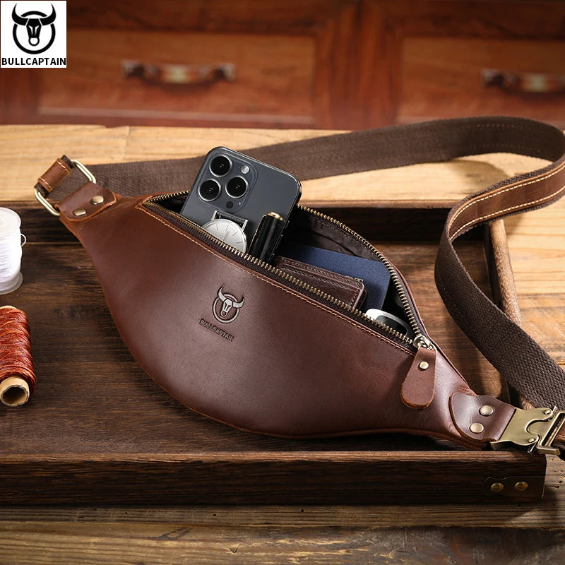BULLCAPTAIN Men's Crazy Horse Leather Belt Bag Classic Retro Crossbody Bag Outdoor Storage Mountaineering Mobile Phone Bag