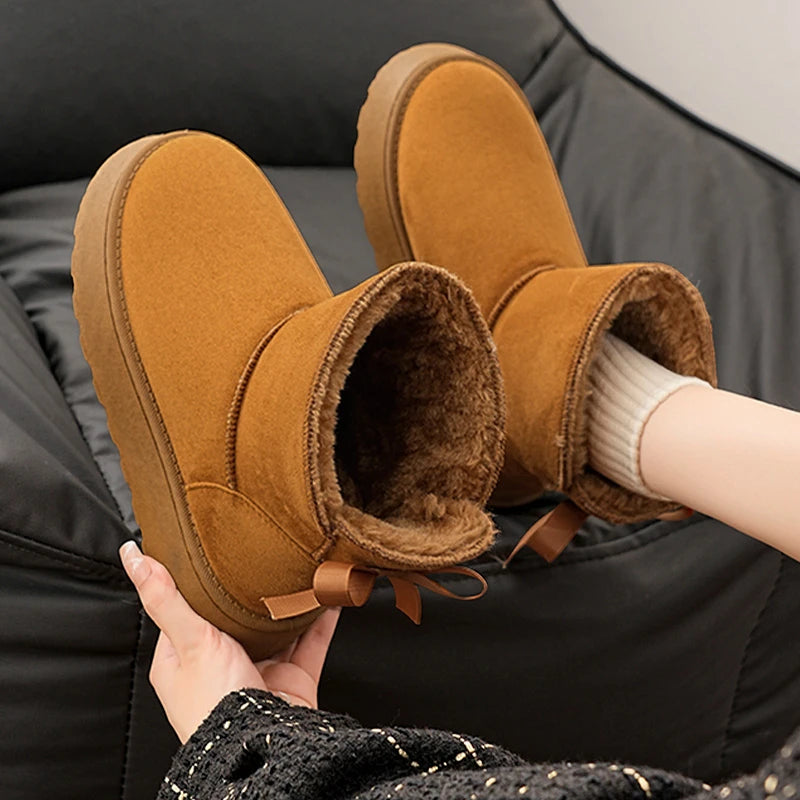 Faux Suede Platform Snow Boots Women Slip On Warm Thicken Plush Winter Boots Woman Cute Bowk Decor Non Slip Cotton Shoes Female