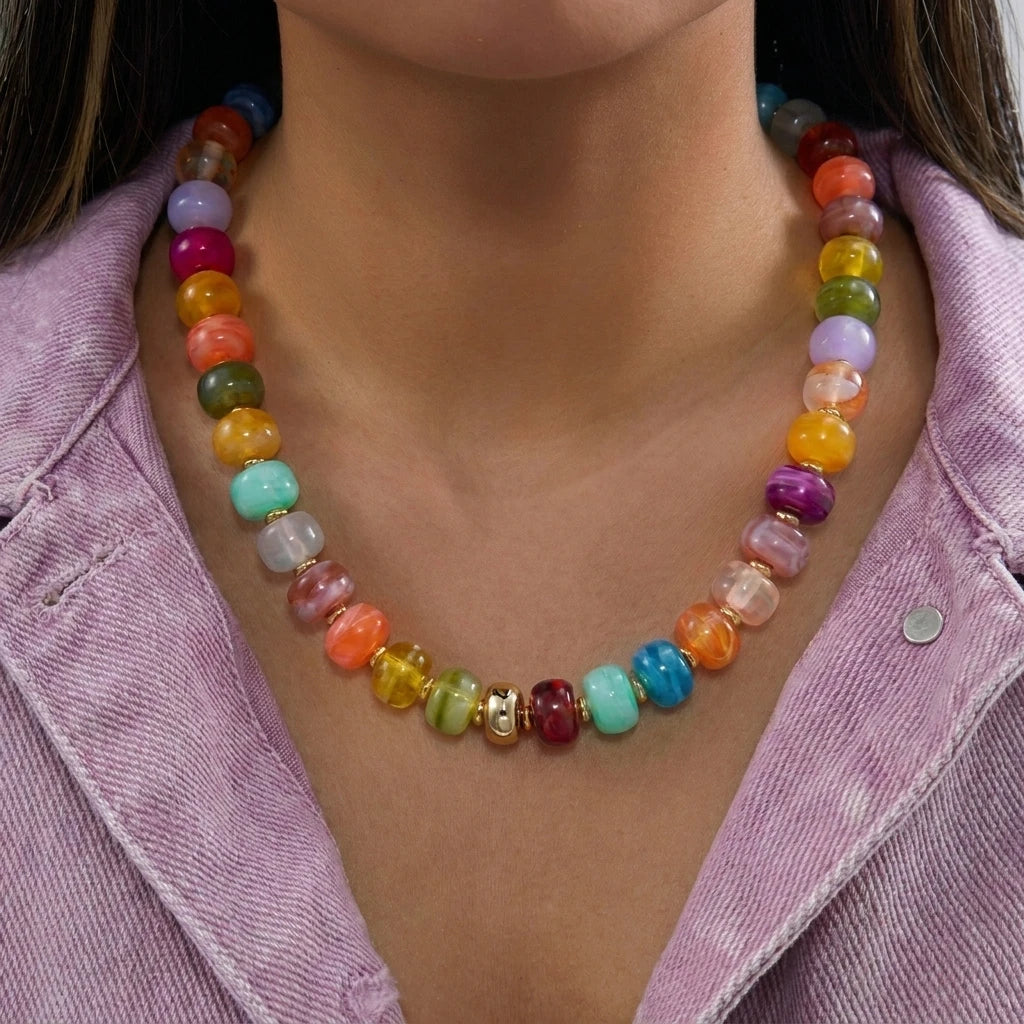 Chunky Dopamine Colorful Resin Bead Necklace for Women Y2K Aesthetic Rainbow Candy Pendant Necklace Statement Jewelry
