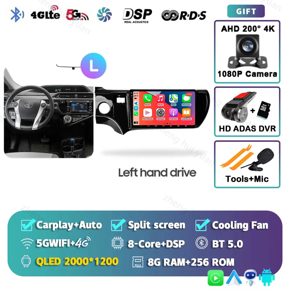 Android 15 CarPlay Auto For Toyota Aqua LHD RHD 2011 - 2017 Car Radio Multimedia navigation video DVD Autoradio Stereo 2din 4G