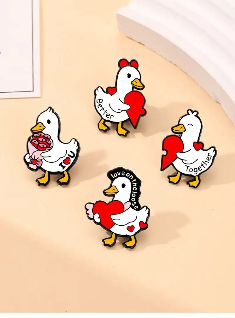 4pcs White Valentine's DayDuck Enamel Pins Cartoon Duck Animal Collection Brooches Lapel Badge Jewelry Gifts For Friends