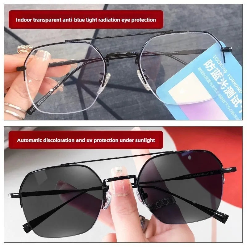 Business Rectangular Half Frame Glasses Photochromic Anti Radiation Eyewear