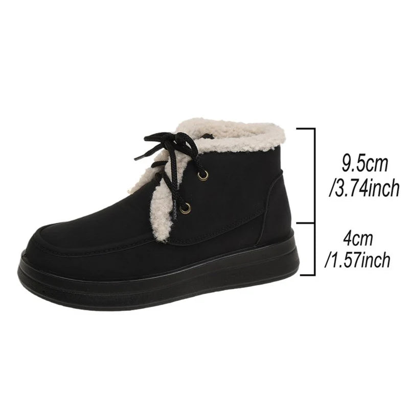 Retro Fleece Thick Warm Ankle Boots Women Lace Up Platform Snow Boots Woman Winter Pu Leather Short Plush Booties Female