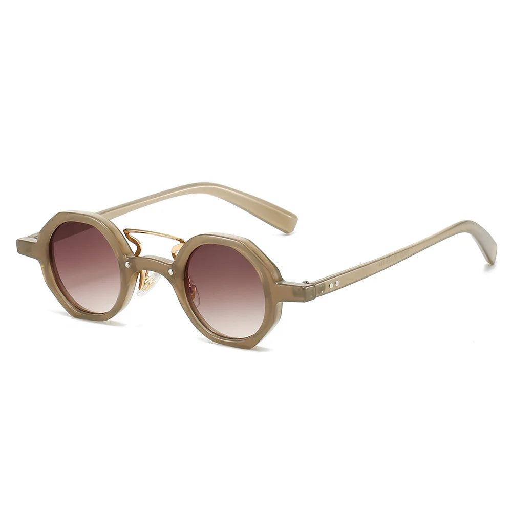 JNPCXI Retro Small Polygon Round Women Sunglasses UV400 Fashion Double Bridges Punk Men Rivets Clear Gradient Sun Glasses Shades