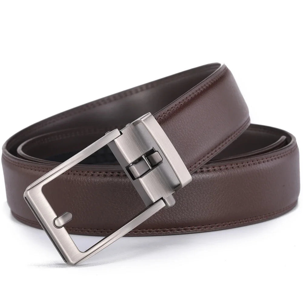 Brown Unisex Click Belt Genuine Leather Auto Buckle Luxury Strap for Men Jeans