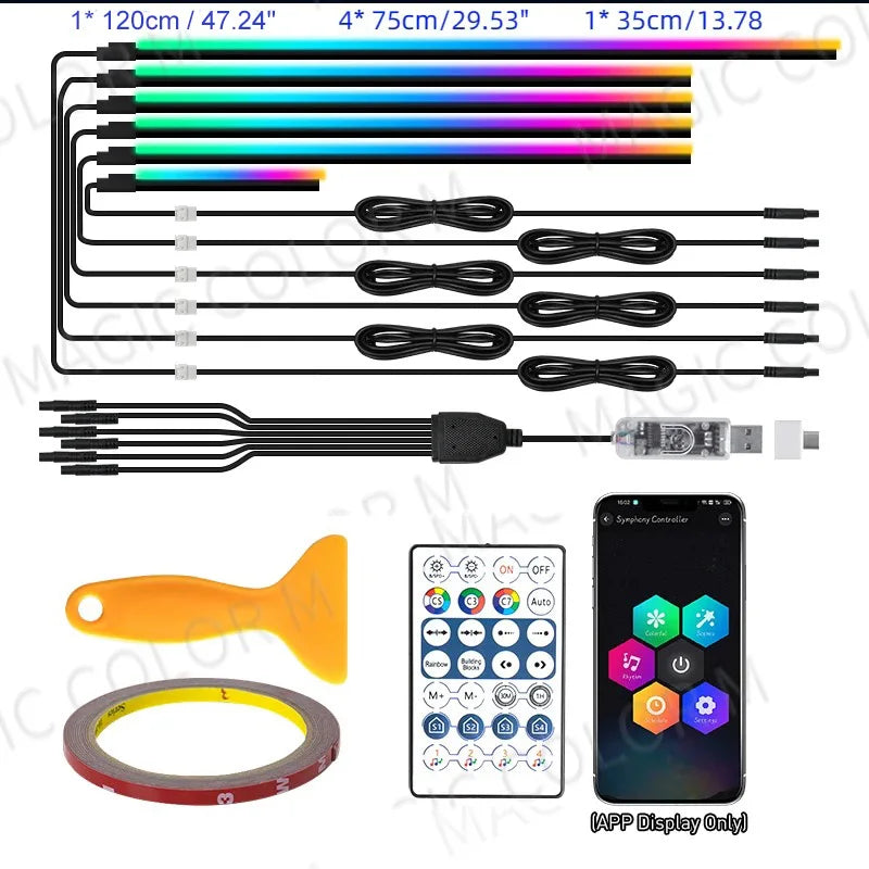 Vgetting Car Ambient Lights 140cm/55.1" Symphony LED 6 in 1 Universal RGB Atmosphere Lamp USB APP Remote for Tesla Model 3 Y S X