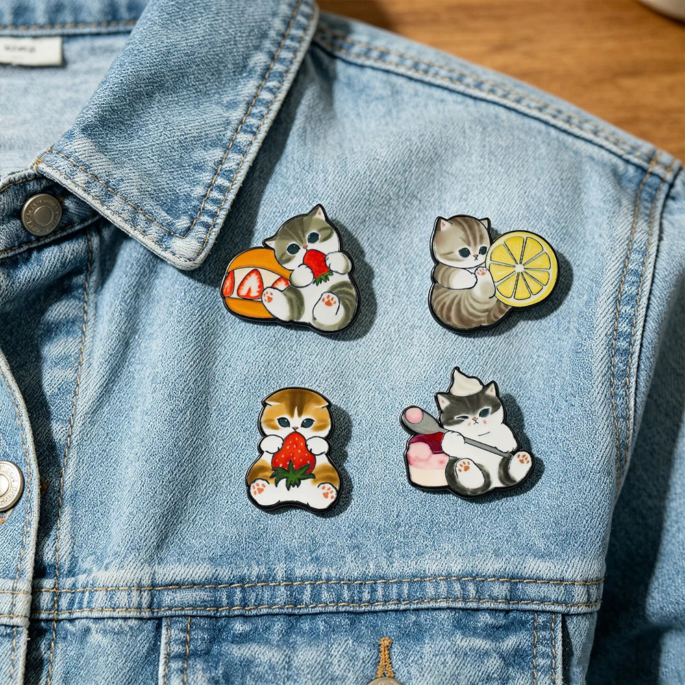 4 pcs Cat Fruit Enamel Pins  Lemon  Brooch Badge Cartoon Animal Jewelry Gift for Children Friends