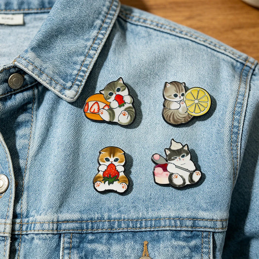 4 pcs Cat Fruit Enamel Pins  Lemon  Brooch Badge Cartoon Animal Jewelry Gift for Children Friends