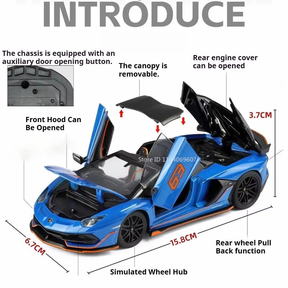 1:32 Huracán SVJ63 Alloy Sportscar Toys Diecast Model Rubber Tires Doors Opened Pull Back Miniature Vehices for Boy Fashion Gift