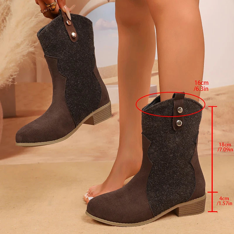 Brown Pu Leather Pleated Ankle Boots Women Plus Size 36-43 Thick Heeled Western Booties Mujer 2025 Slip On Cowboy Boots Woman