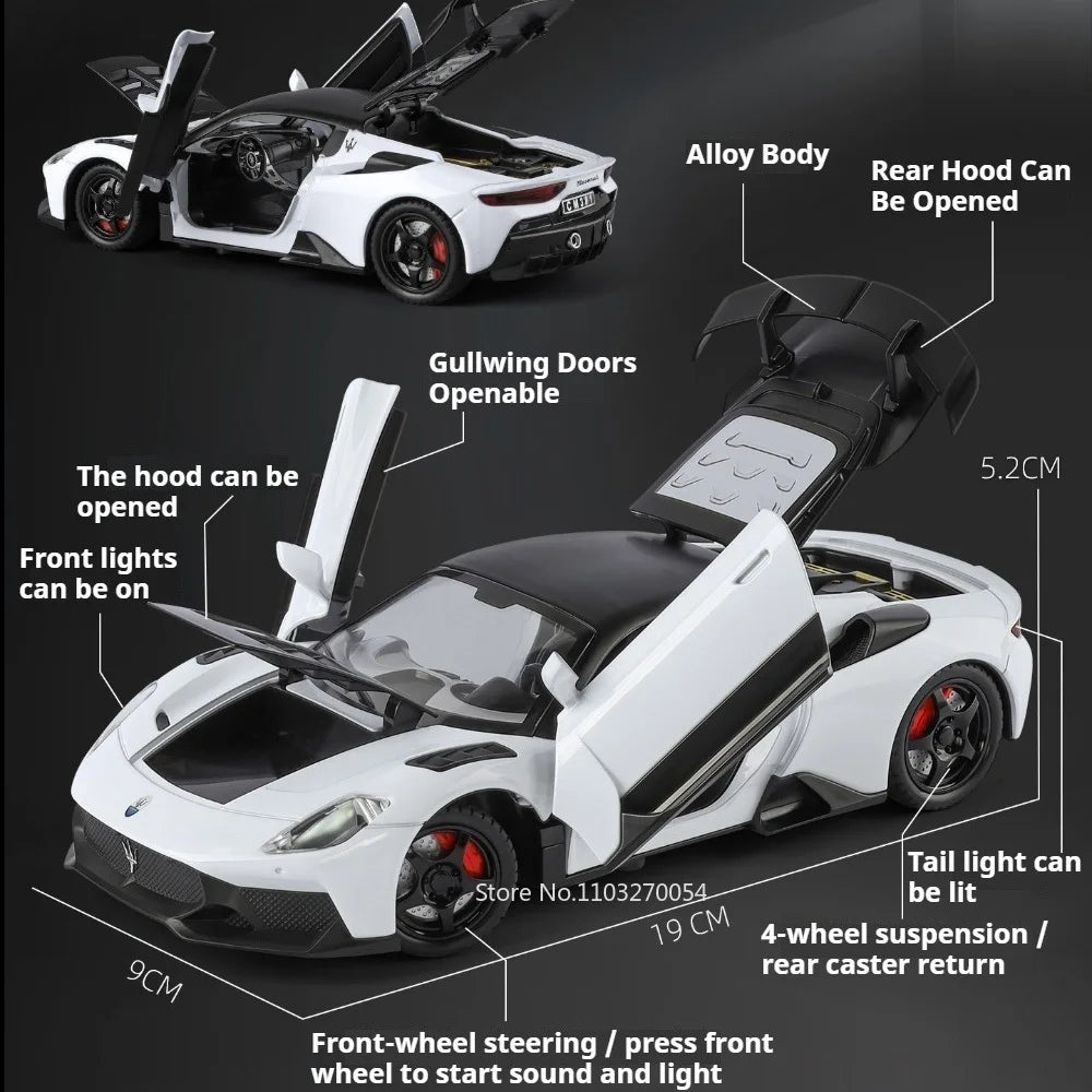 1:24 MC20 GT2 Sportscar Model Alloy Diecast Toys Front Wheel Steering Sound Light Pull Back Miniature Vehices Kid Christmas Gift