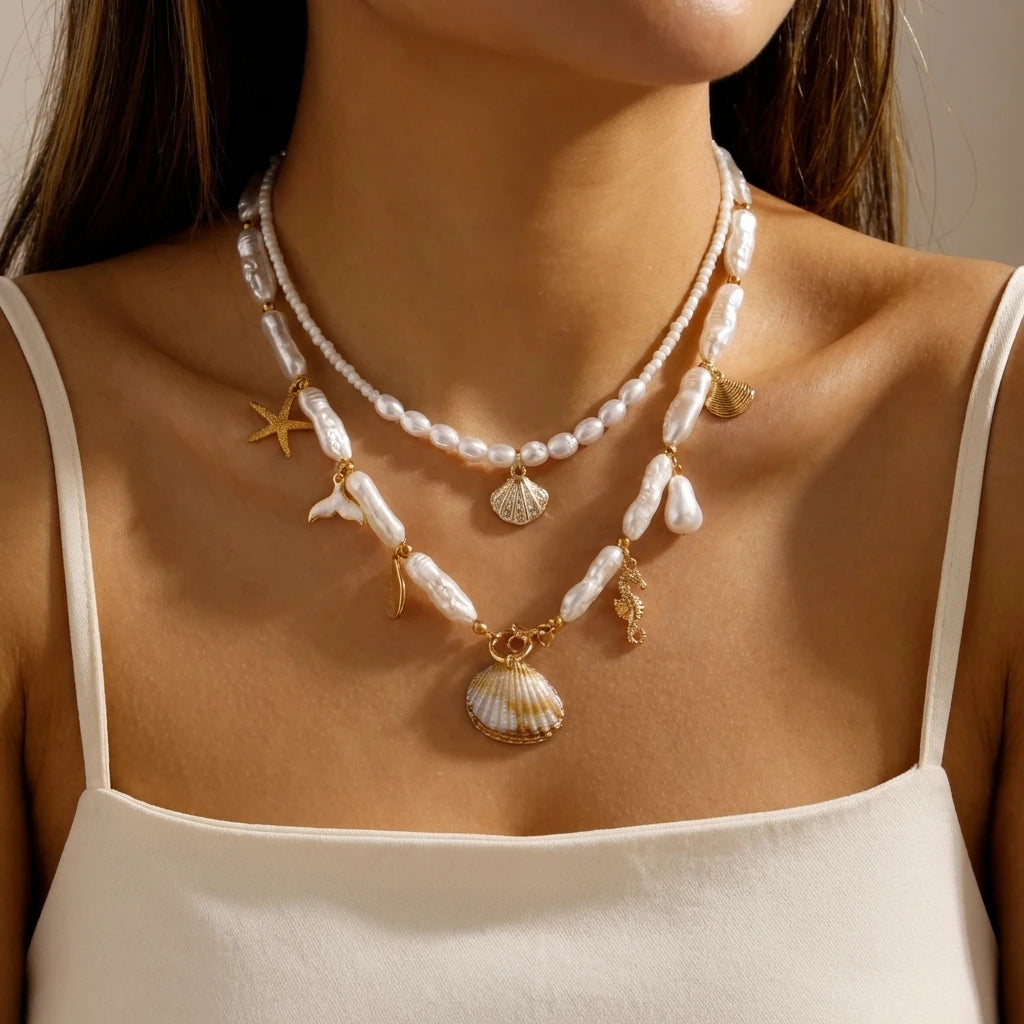 2Pcs/Set Vacation Shell Seahorse Mermaid Tail Starfish Faux Pearl Beaded Necklace Summer Beach Boho Jewelry