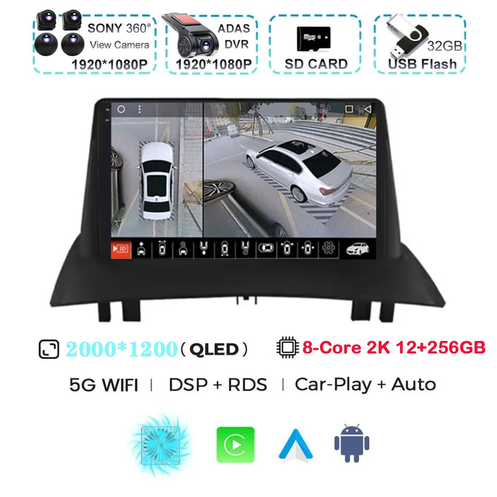 For Renault Megane 2 2002-2009 2K QLED Android 15 Android Car Radio Multimedia Video Player GPS Stereo CarPlay 4G Navigationv BT