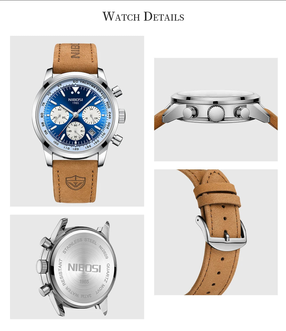 NIBOSI Men Watch Luxury Sports Waterproof Leather Clock Chronograph Watches 1