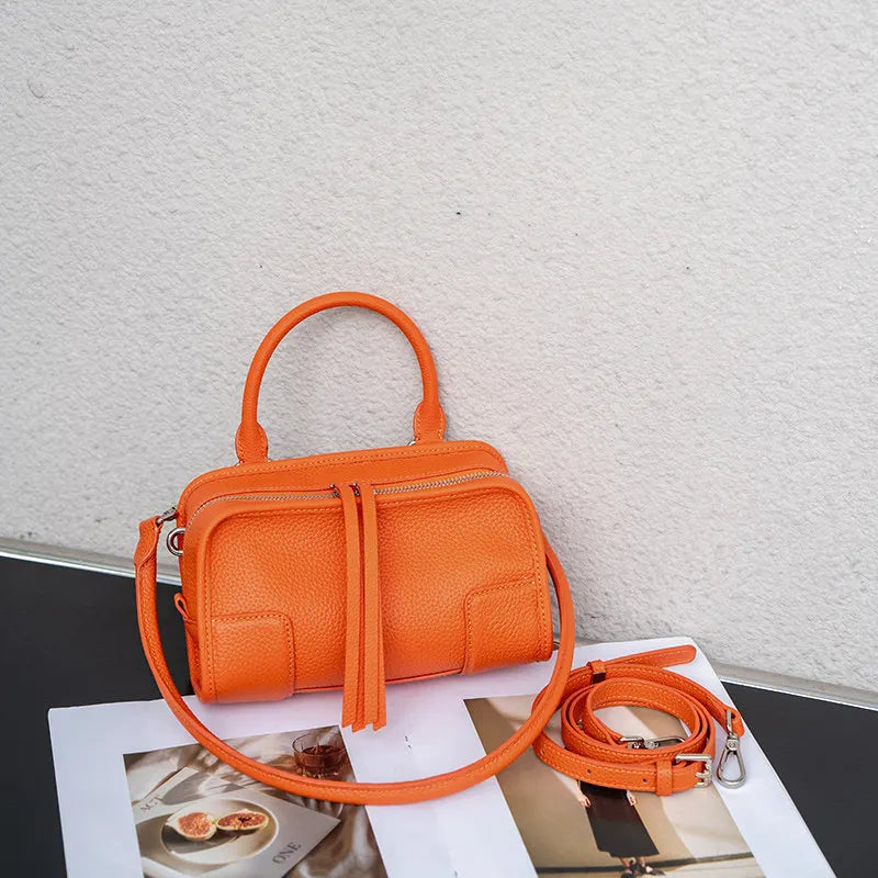 Genuine Cowhide Leather Mini Boston Bag for Women Top Handle Crossbody Bag with Zipper Closure Luxury Designer Messenger bags