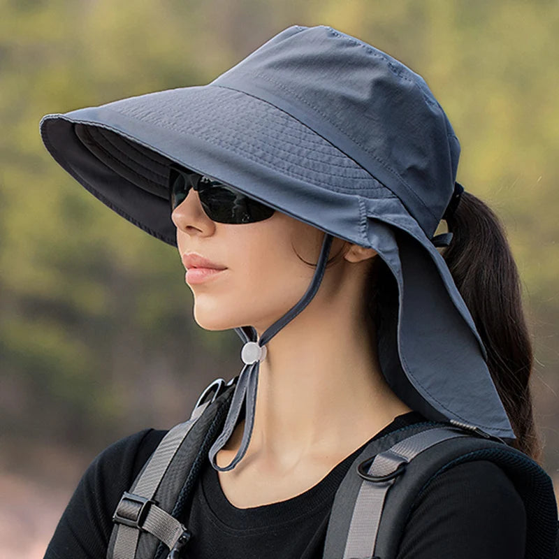 Xinbaoguan 100% polyester summer outdoor sunshade hat, horsetail hole folding face shading, women's fisherman hat