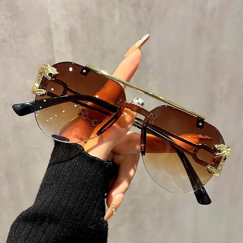 High-end, Stylish Unframed Double-beam Anti-glare Sunglasses with Lion and Tiger Mirror Frames for A Bold, High-impact Look