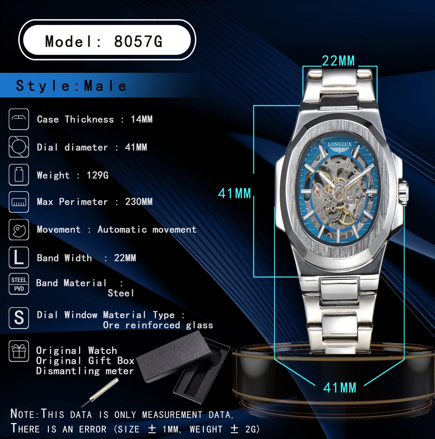 Silver LONGLUX Men automatic mechanical watch luxury waterproof skeleton Watches