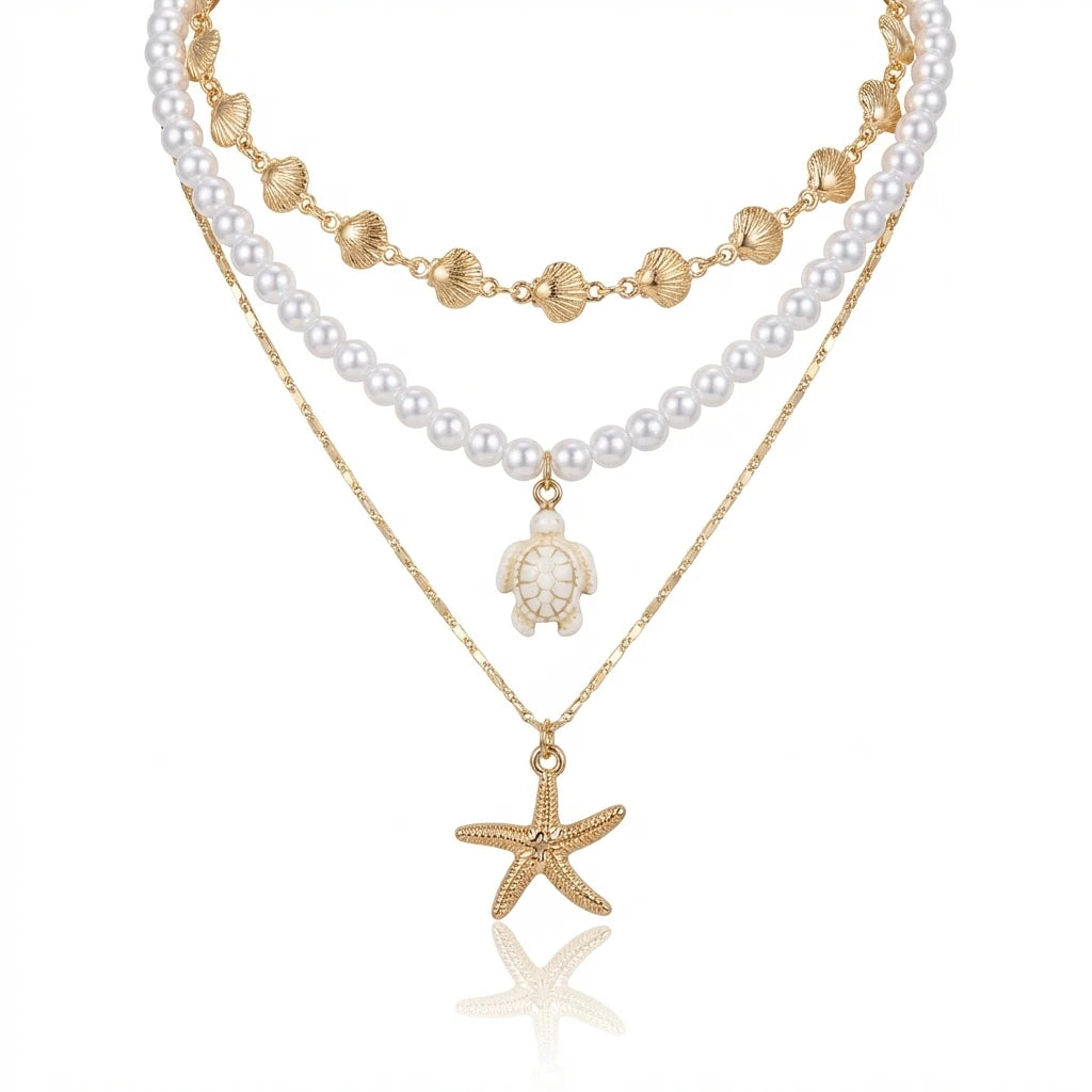 3Pcs/Set Pearl Starfish Sea Turtle Shell Necklace Bohemian Summer Beach Multi-layer Jewelry