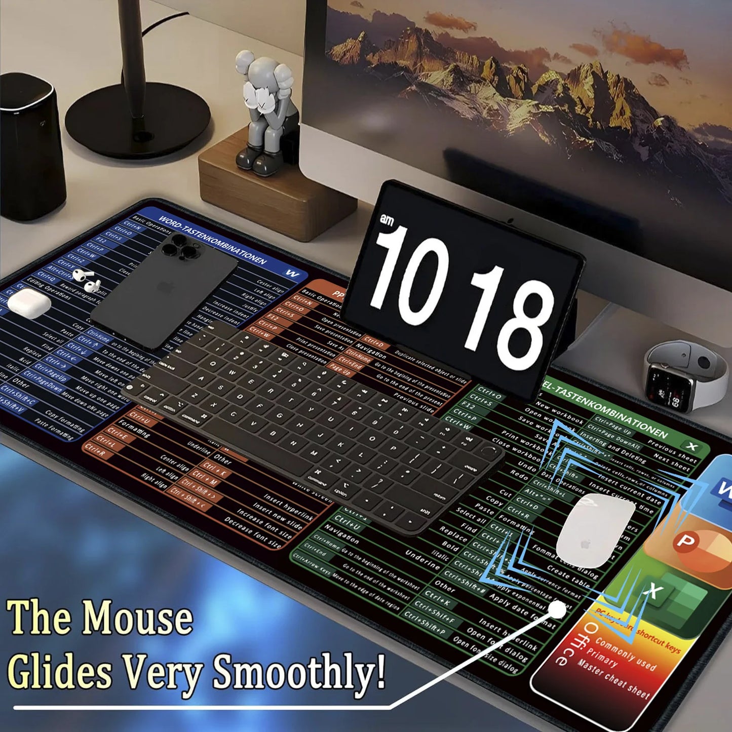 Excel Shortcuts Mouse pad, Extended Mousepad with Stitched Edges, Keyboard Pad for Office & Home Excel Word PPT