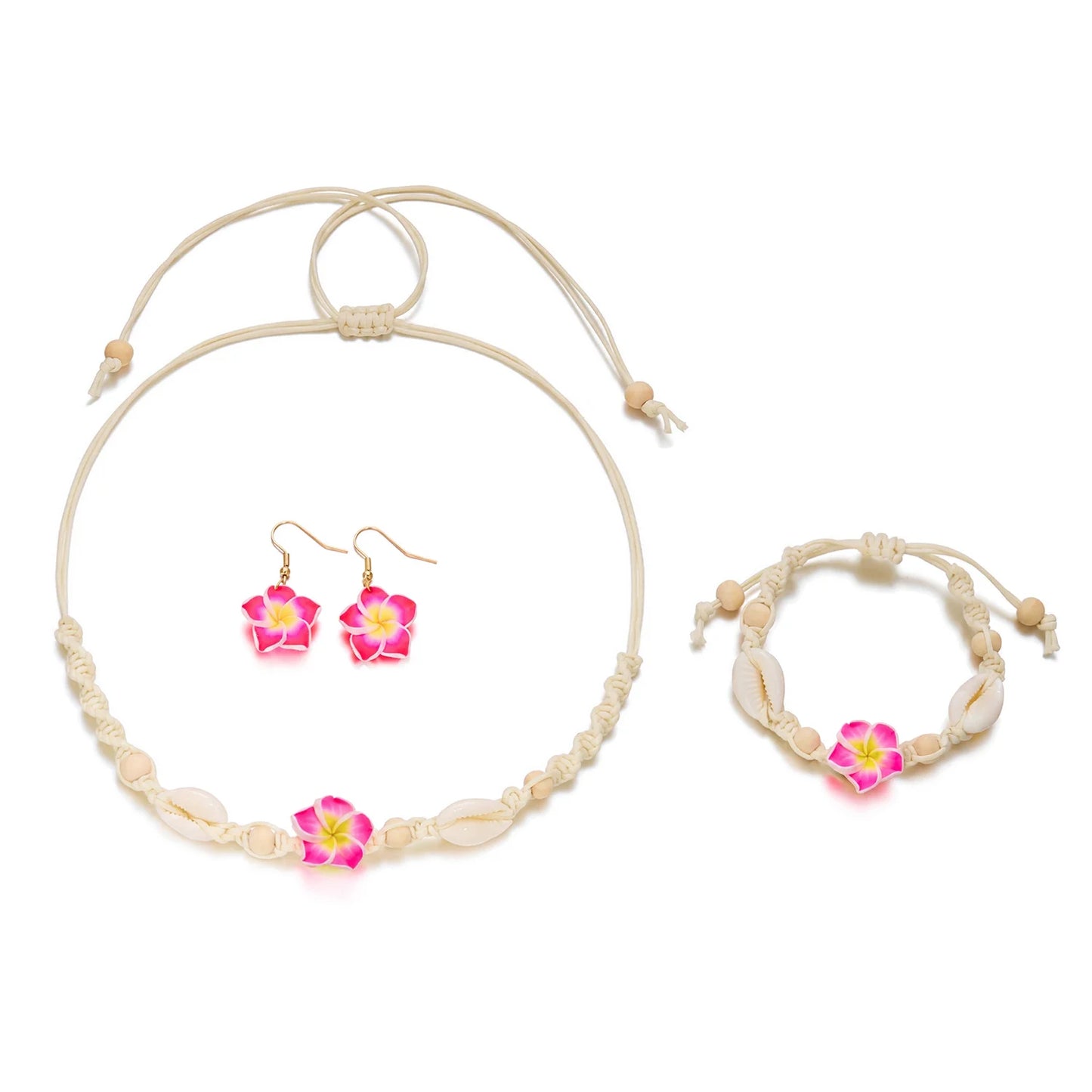 Boho Hawaiian Plumeria Flower Jewelry Set for Women Polymer Clay Cowrie Shell Choker Necklace Woven Bracelet Earrings Vacation