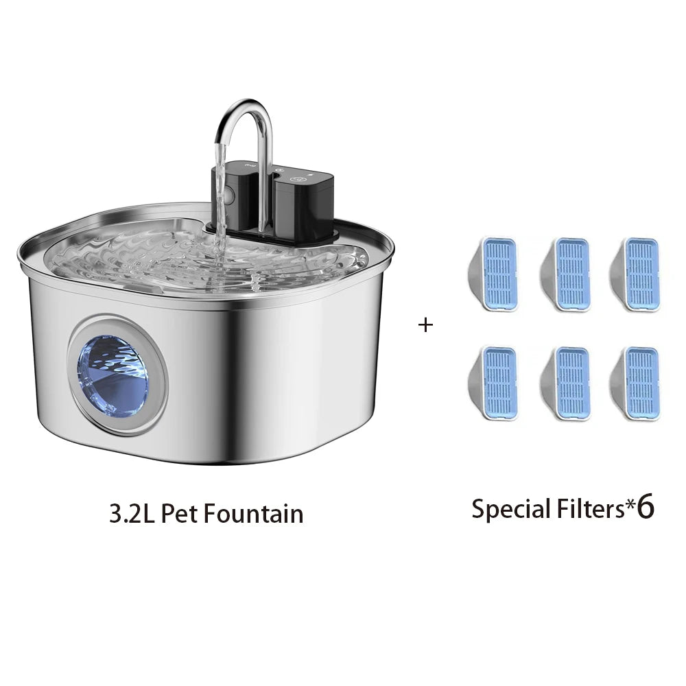 3.2L Wireless Stainless Steel Smart Pet Water Feeder Auto Cat Fountain faucet