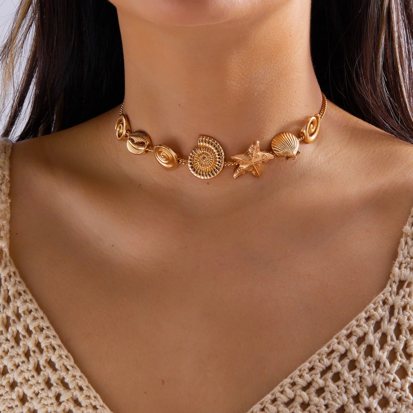 Statement Gold Seashell Starfish Choker Necklace for Women Boho Metal Conch Ocean Marine Charm Collar Summer Beach Jewelry