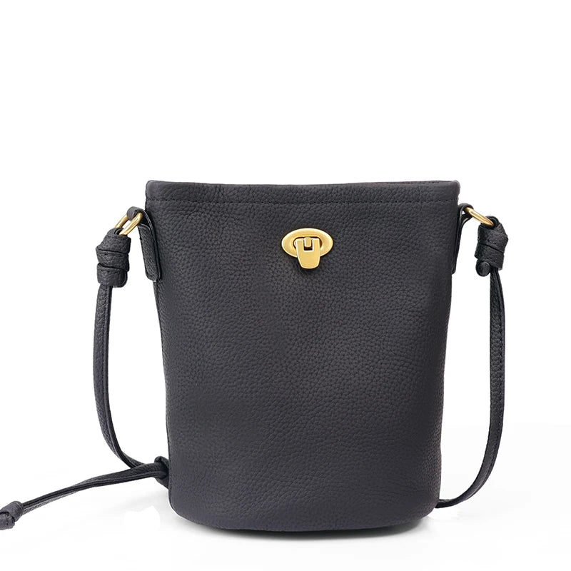 Women's Genuine Leather Mini Crossbody Bag Ladies' Waxed Cowhide Vintage Shoulder Bag Brand Small Chic Cellphone Bucket Bag
