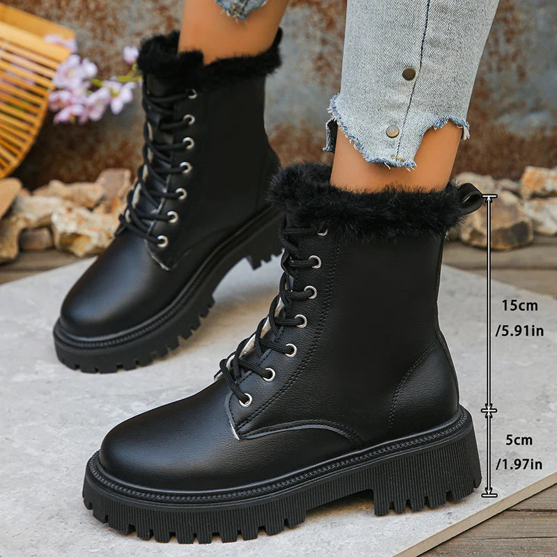 Lace Up Short Plush Ankle Boots for Women Plus Size 42 Fur Platform Winter Boots Woman Thick Sole Pu Leather Combat Botas Mujer