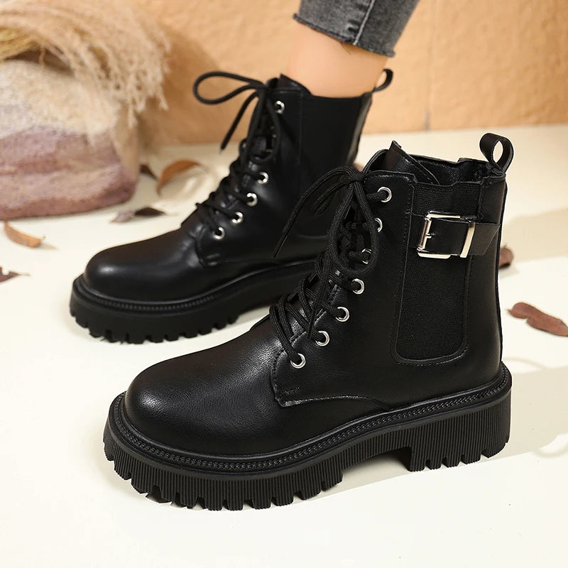 Fashion Buckle Platform Motorcycle Boots Women Black Pu Leather Lace Up Ankle Boots Woman British Style Thick Sole Short Booties