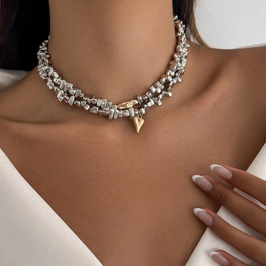 2Pcs/set HipHop Irregular CCB Beads Chain Necklaces for Women Vintage Gold Color Heart Pendant Necklace Daily Party Jewelry Gift