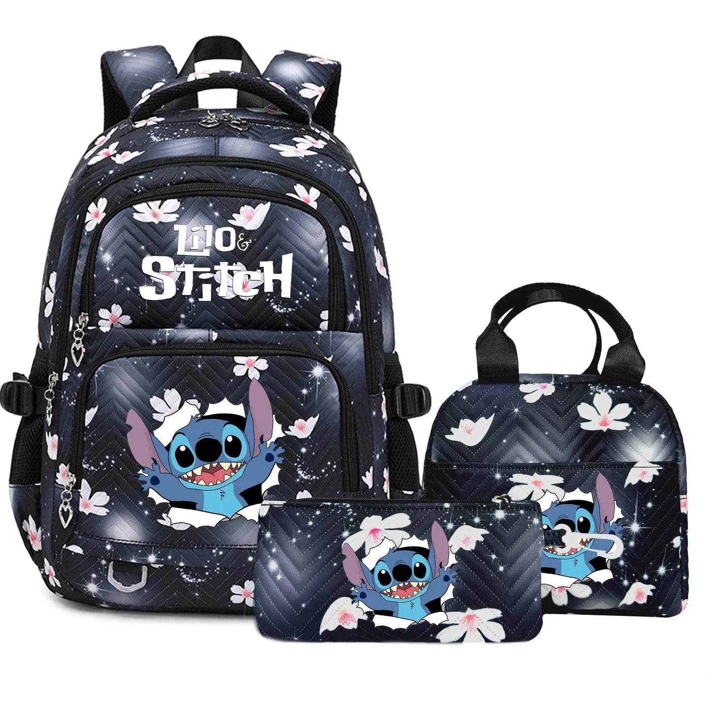 3PC Black Lilo Stitch XL Backpack Lightweight School Student Travel Lunch Bag 05
