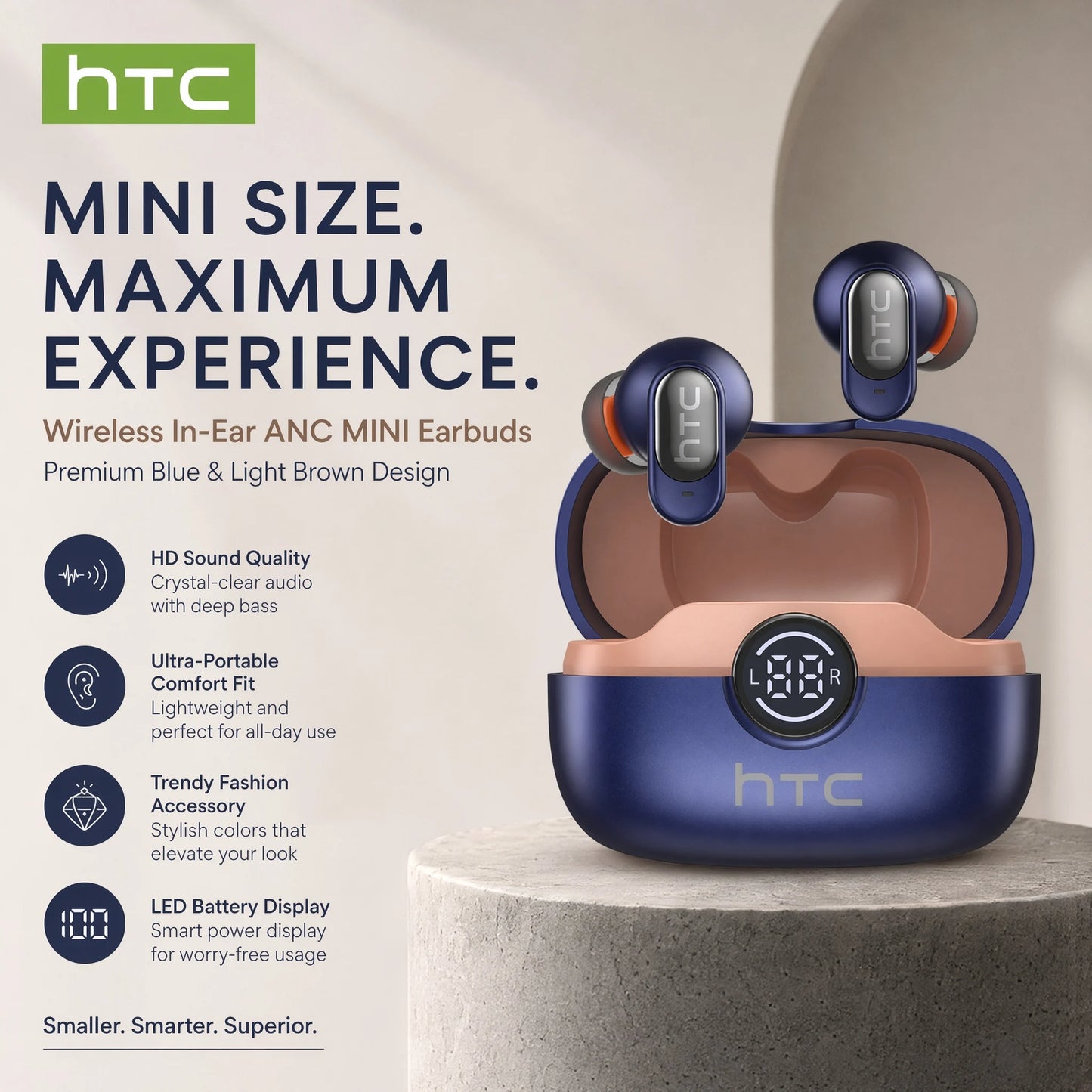 HTC NE79 Bluetooth Earphones Comfort Wireless Headphones Premium Sound Quality Sports Gaming Long Battery Soft In-ear Earbuds