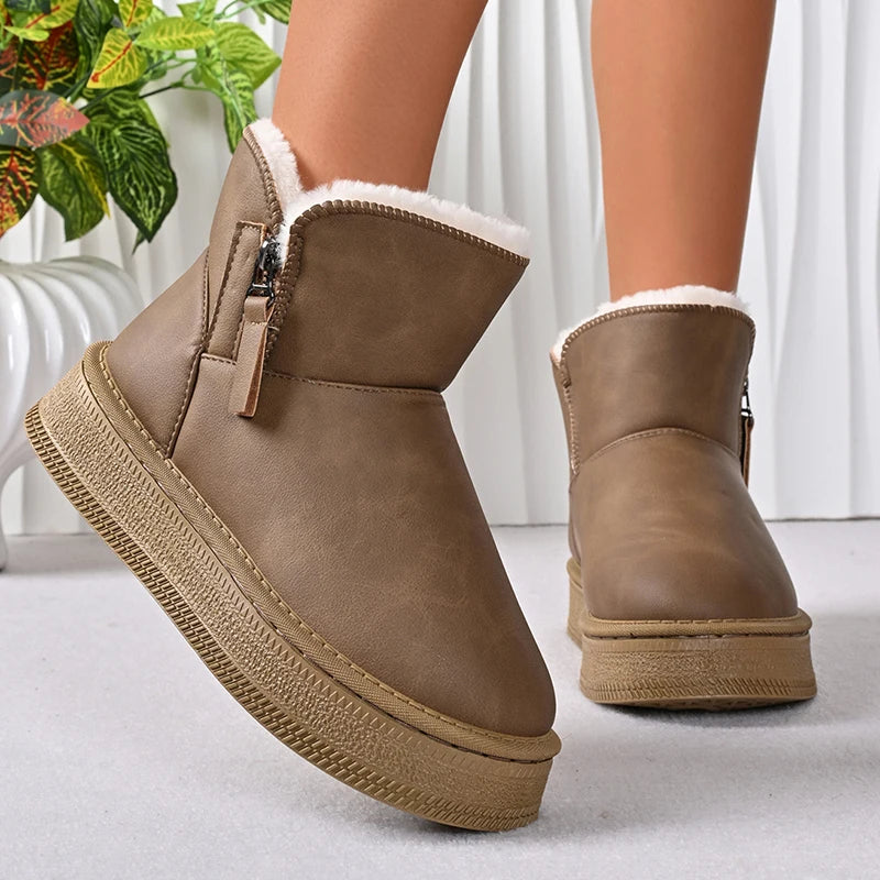Pu Leather Warm Thicken Plush Snow Boots Women Comfort Thick Sole Non Slip Cotton Padded Shoes Woman Zipper Fluffy Winter Boots