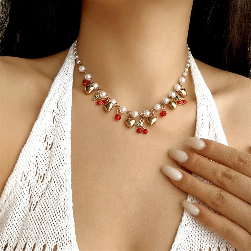 Y2K Sweet Cute Red Strawberry Cherry Pendant Necklace for Women Girls Love Heart Imitation Pearl Chain Choker Fashion Jewelry