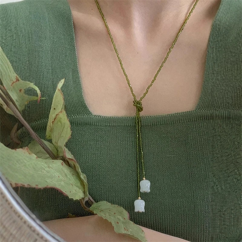 New Elegant Lily of The Valley Pendant Necklace Women Green Crystal Beads Sweater Chain Long Necklace Fashion Jewelry Collares