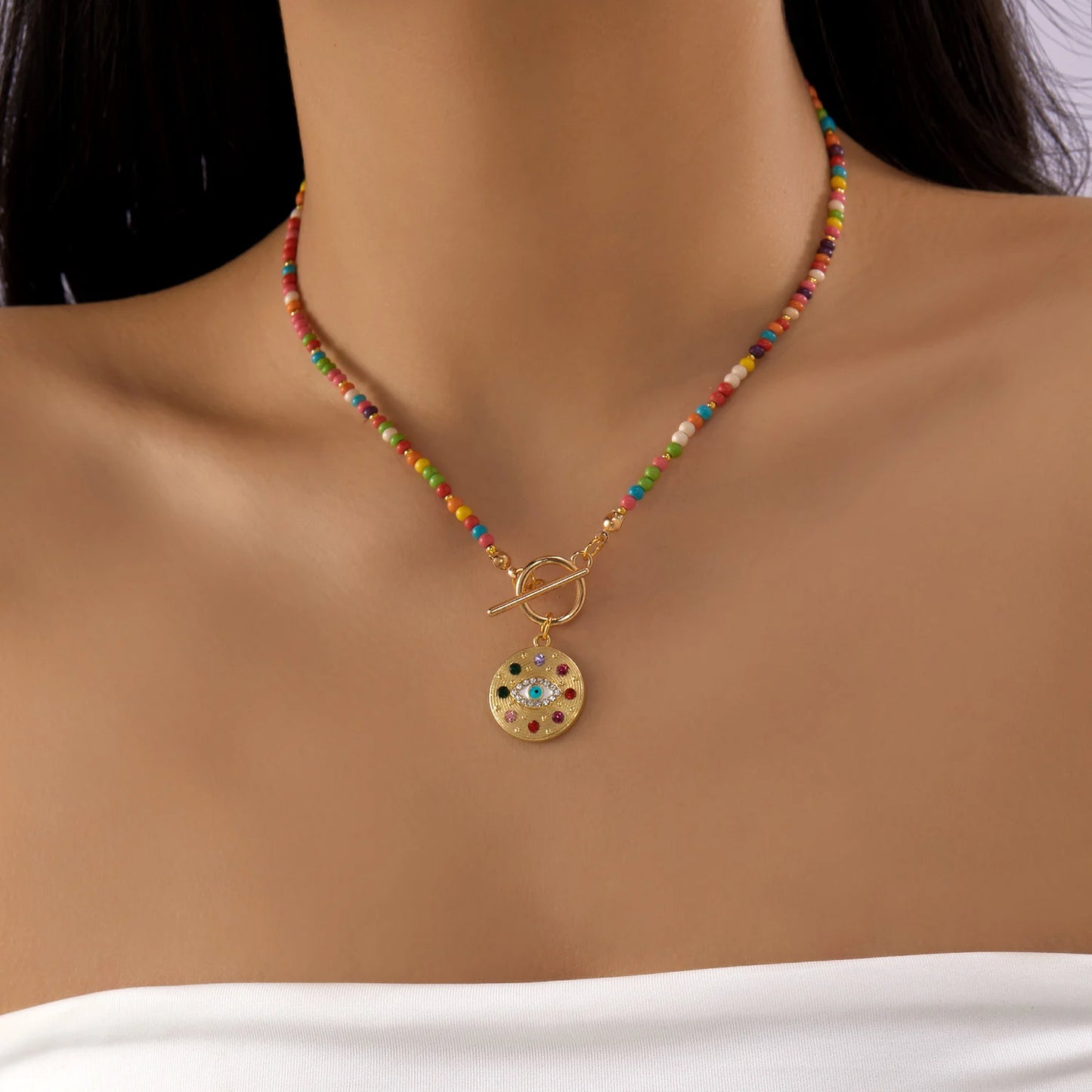 Bohemian Colorful Beads Choker Necklace for Women Round Lucky Evil Eye Heart Pendant Necklace Fashion Jewelry Y2k Accessories