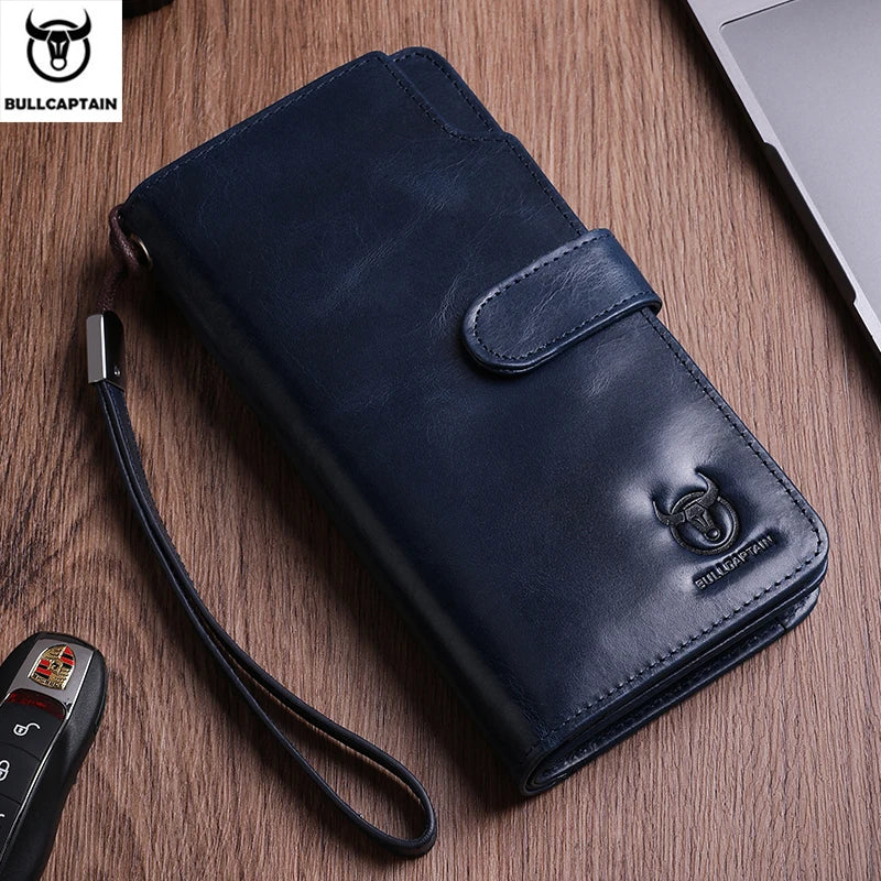 BULLCAPTAIN Men's Genuine Leather Wallet RFID Function Can Place 6.5-inch Mobile Handbag High Quality Multi Card Long Wallet