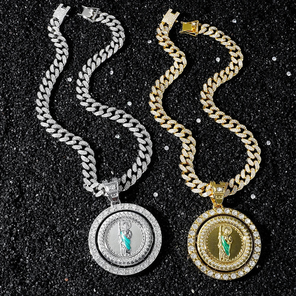 Men's Hip Hop Rotatable St. Jude San Judas Pendant Necklace with Cuban Chain Religious rotation Saint Jude Idol Pendants Jewelry