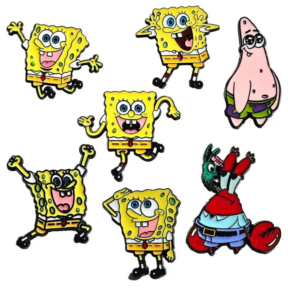 7 PCS SquarePants & Friends Enamel Pin Set – Cartoon Lapel Pins for Backpacks, Jackets, Bags – Cute Collectible Badges for Kids