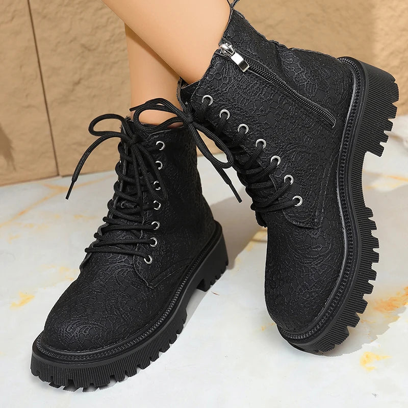 Flower Figure Thick Sole Short Boots Women Fashion Lace Up Platform Ankle Boots Woman 2025 Side Zipper Pu Leather Booties Mujer