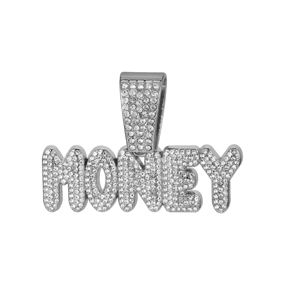 Men Women Hip Hop Bling MONEY Letters Pendant Necklace with Miami Cuban Chain Iced Out Bling HipHop Necklaces Male Charm Jewelry