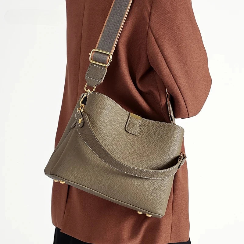 Genuine Cowhide Leather Bucket Bag for Women Luxury Designer Mini Top Handle Crossbody Shoulder Bag with Wide Strap Tote Bag
