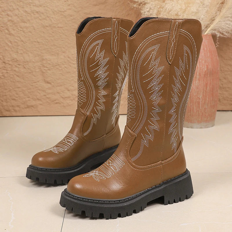 Brown Embroidery Platform Mid Calf Boots for Women Vintage Slip On Thick Sole Western Boots Woman Autumn Winter Pu Leather Botas