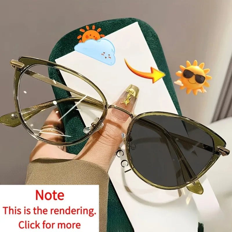 Color Changing Lenses Transparent To Grey Fashionable Cat Eye Transparent Lenses Women's Glasses Anti Blue Light