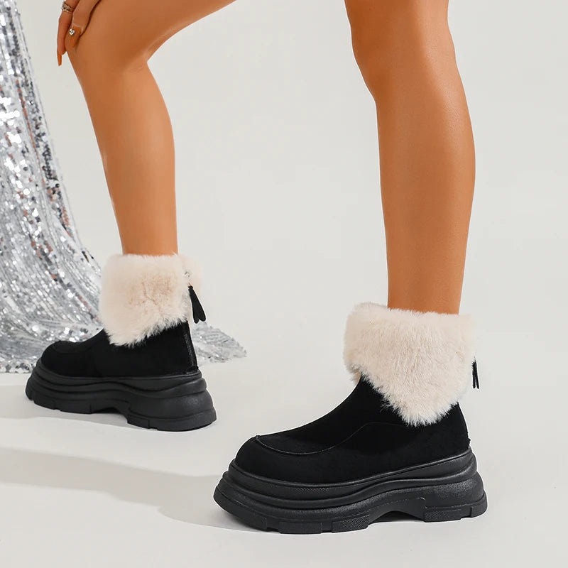 Faux Fur Thick Sole Ankle Boots Women Autumn Winter Warm Short Plush Fluffy Snow Boots Woman Non Slip Back Zippers Short Booties