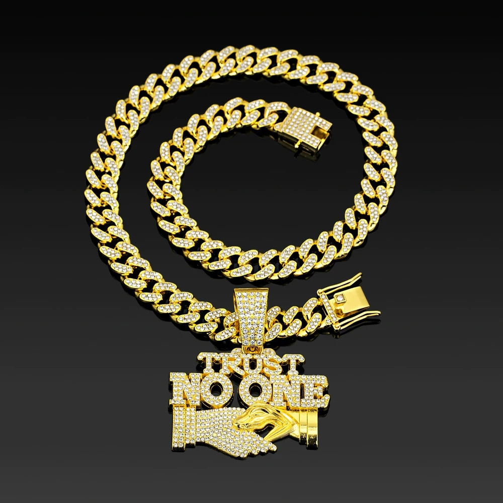 Men's Hip Hop Trust NO One Letters Pendant Necklace with 13mm Cuban Chain Ice Crystal Sparkling Handshake Necklace Jewelry Gifts