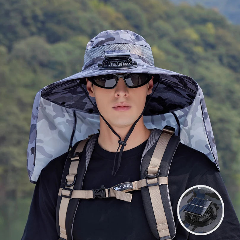 9208-1Men's sun hat 1Solar fan fishing hat, wide-brimmed sunhat outdoor summer camping, beach use, Type-c and solar power supply